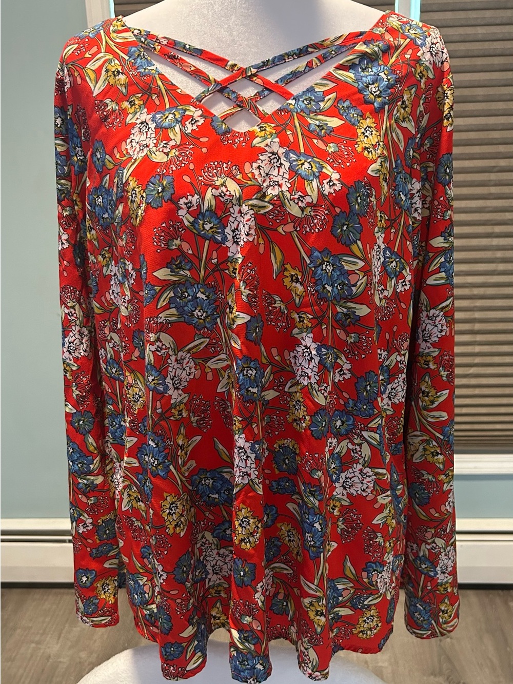 Kori Red Floral Crisscross Neck Long Sleeve Top